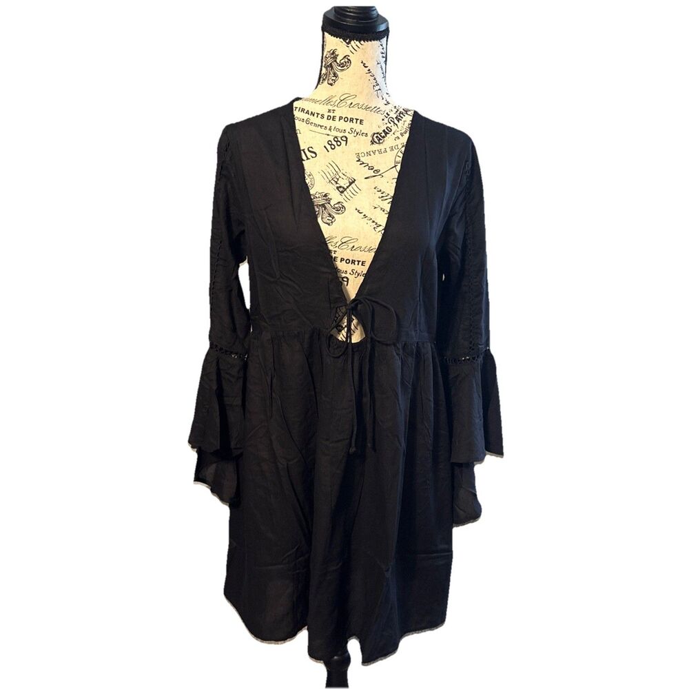 Salty Lemon Black Bell Sleeve Boho Front Tie Medium Dress Swimwear Beachcore